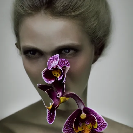Prompt: long shot kodak portra 4 0 0, 8 k, volumetric lighting, highly detailed, britt marling style 3 / 4, fine art portrait photography in style of paolo roversi, orchid, orchid flower, 3 d render 1 5 0 mm lens, art nouveau fashion royalty, elegant, hyperrealistic ultra detailed, 8 k