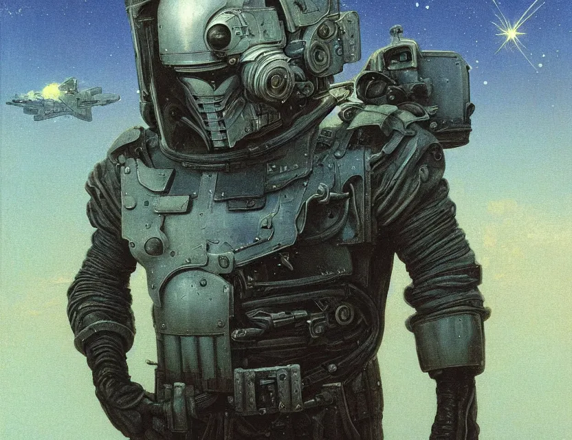 Image similar to a detailed portrait painting of a lone bounty hunter wearing combat armour and a reflective visor. Head and chest only. Dieselpunk elements. Movie scene, cinematic sci-fi scene. Flight suit, cloth and metal. portrait symmetrical and science fiction theme with lightning, aurora lighting. clouds and stars. Atmospheric. Futurism by moebius beksinski carl spitzweg moebius and tuomas korpi. baroque elements. baroque element. intricate artwork by caravaggio. Oil painting. Trending on artstation. 8k