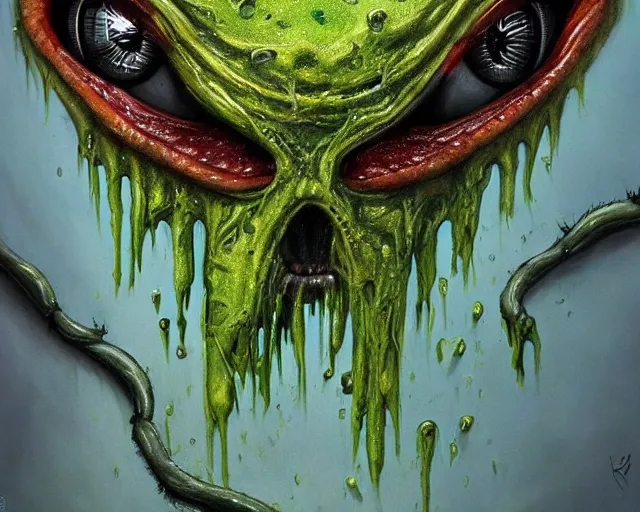 Prompt: Haunting horrifying hyperrealistic detailed painting of a tall slim spider canine creature made of slime, gelatinous green goop, heavy metal, disgusting, creepy, unsettling, and bloodshot eyeballs, hyper detailed, trending on Artstation