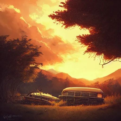 Image similar to low angle shot of tree growing inside scrap car in the foreground. overgrown. soft golden red sunset over the mountains in the background. clouds. detailed leaves. hyperrealistic, highly detailed, cinematic, beautiful, cgsociety, artstation, oil painting by greg rutkowski, by artgerm, by wlop