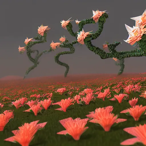 Image similar to an epic flowering alien landscape in the style of origami, 8 k, cinematic light, artstation