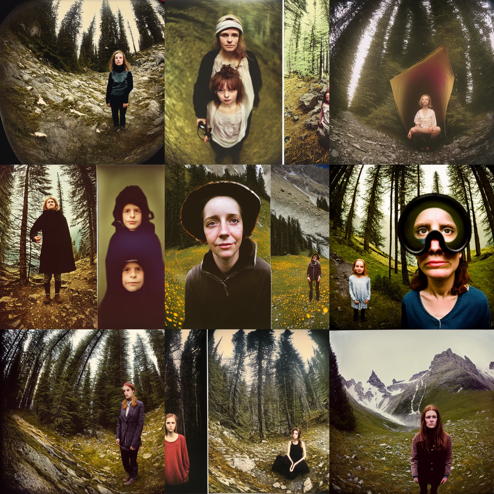 Image similar to kodak portra 4 0 0, wetplate, flashlight, 8 mm extreme fisheye, award - winning portrait by britt marling of heidi meets almohi for the first time at mountain meadow in swiss alps, muted colours
