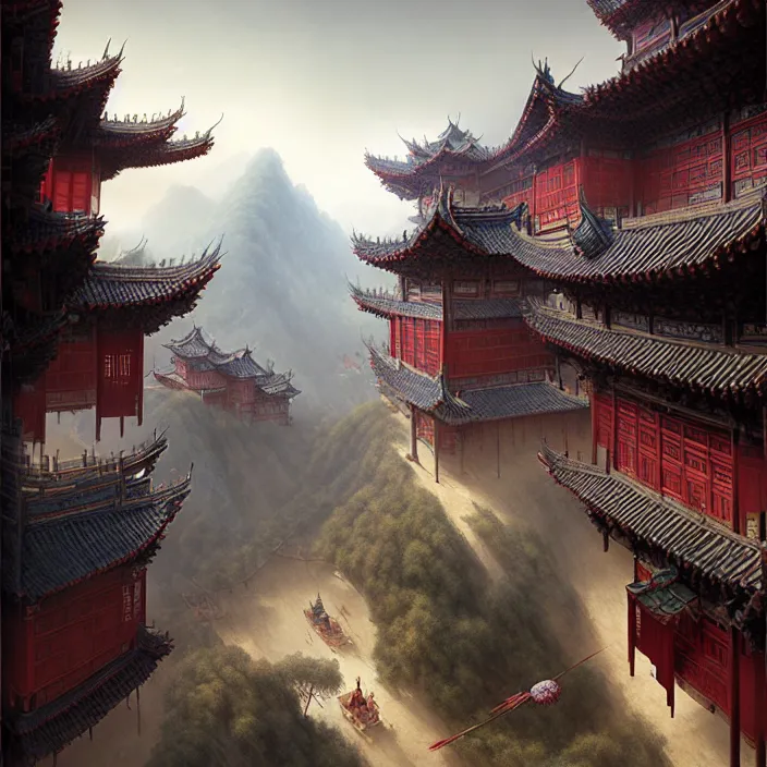 Prompt: matte painting by marc simonetti, jonathan solter, greg rutkowski of a chinese dynasty village, masterpiece, cinematic, hyperdetailed, photorealistic, hyperrealism, architecture, aerial view,