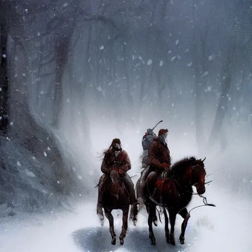 Prompt: Two northerners on horseback seen from afar riding in the snow, snowy landscape, snow storm, fantasy, highly detailed, digital painting, artstation, concept art, illustration, art by Greg Rutkowski and Marc Simonetti