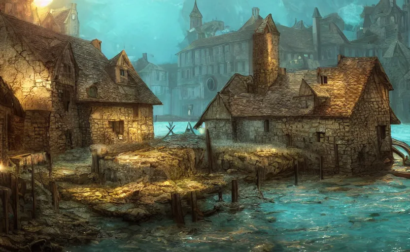 Image similar to medieval village submerged underwater, concept art, unreal engine, fantastic colors