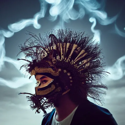 Image similar to an elaborate intricate mask made of wind caught is a cloud vortex, rendered in octane, behance hd, bokeh backdrop