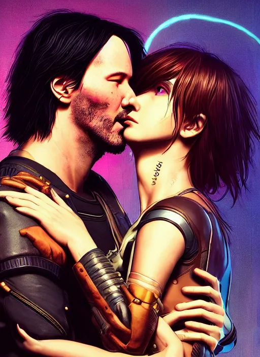 Image similar to a cyberpunk 2077 couple portrait of Keanu Reeves & female android final kiss in the night city,love,by Laurie Greasley,Lawrence Alma-Tadema,Dan Mumford,artstation,deviantart,FAN ART,Digital painting,face enhance,highly detailed,8K,octane,golden ratio,cinematic lighting