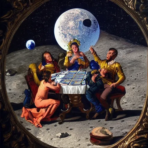 Prompt: ultra detailed baroque painting of astronauts performing a seance on the moon