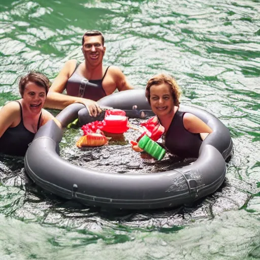 Prompt: a group of 4 people on 4 separate inner tubes floating on a river eating copious amounts of food