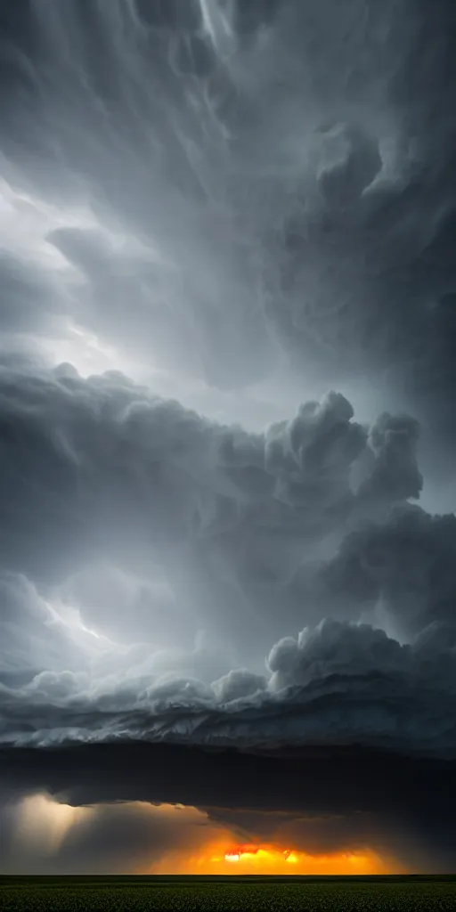 Image similar to a supercell storm dark and brooding far away in the distance, open farming fields the foreground during sunset, nature, cinematic, hyperrealistic, evil, dark, cgsociety, 8 k, by stephen king