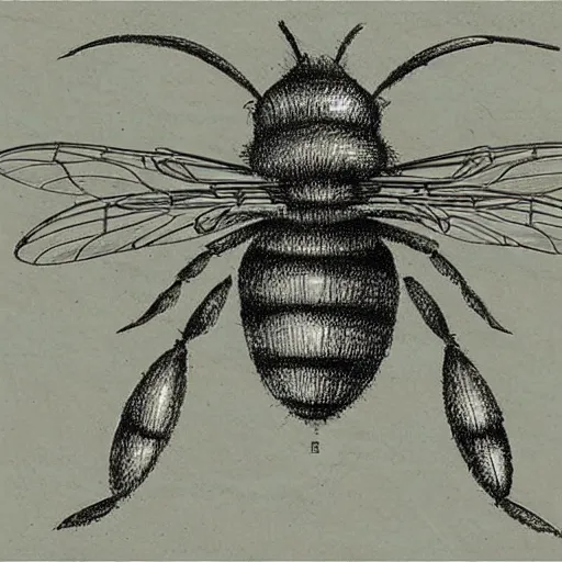 Image similar to Leonardo da Vinci detailed sketch of a mechanical bee, concept art, pencil on paper, technical sketch, blueprint, robotic, mechanical