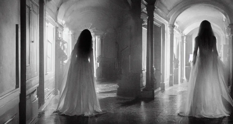 Image similar to Halloween film, cinematic color tones. Scene where a woman in white walking dark hallways in old mansion at midnight , focus her front