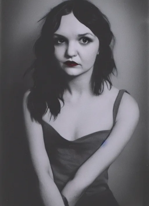 Prompt: lauren mayberry, flash polaroid photo by george hurrell,