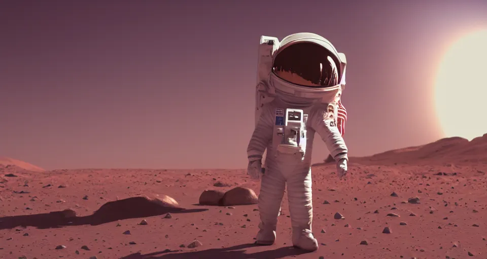 Prompt: cute astronaut standing in front of a spaceship on mars, pixar, 8 k, octane render