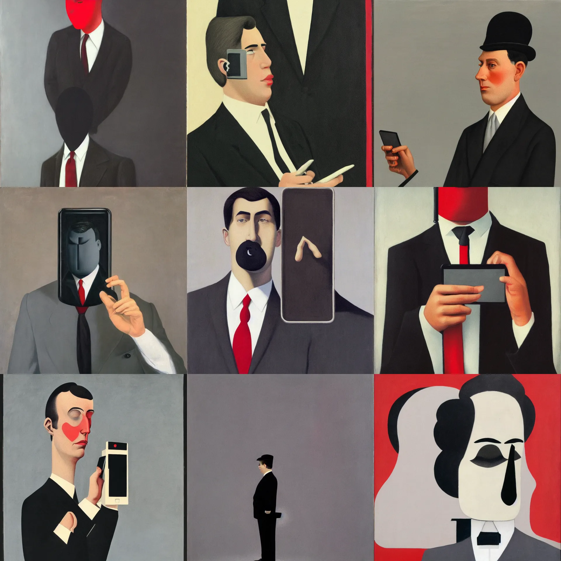 Prompt: front view portrait of a man with a cell phone black rectangular screen in front of his face, wearing dark grey suit, white shirt, red tie, black pants, painted by rene magritte