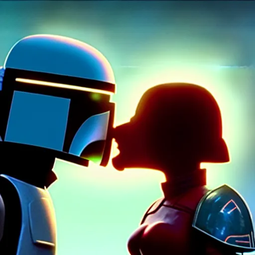 Image similar to mando from mandalorian kissing peter parking from family guy ultra realistic, lens flare, atmosphere, glow, detailed, intricate, full of colour, cinematic lighting, trending on artstation, 4 k, hyperrealistic, focused, extreme details, unreal engine 5, cinematic, masterpiece, ultra realistic, hyper realistic, highly detailed, sharp focus, digital art