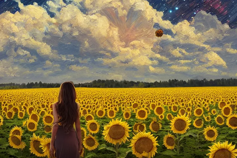 Image similar to huge sunflower head, girl walking in wheat field, hills, surreal photography, dark night, star trails, dramatic light, impressionist painting, clouds, digital painting, artstation, simon stalenhag