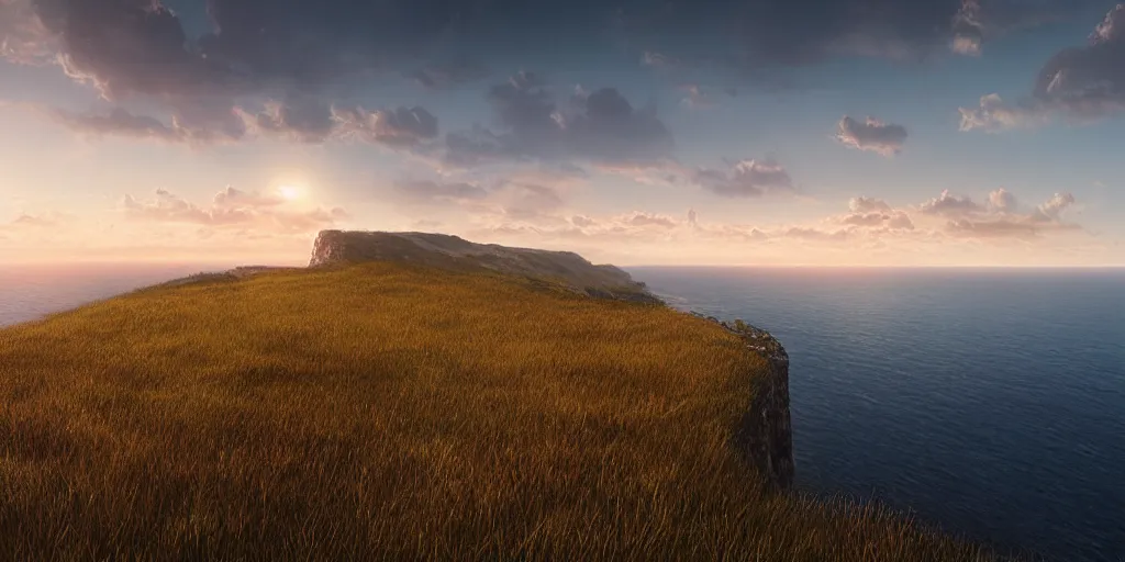 Prompt: Field on the edge of a cliff overlooking the ocean by Jessica Rossier and Alena Aenami