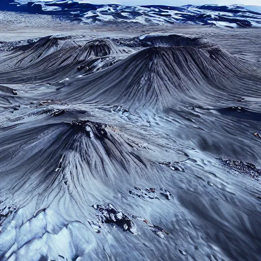 Image similar to landscape is dominated by the icelandic highlands, a vast plateau covered in glaciers and volcanoes, 3 d octane render, artstation, andrew krivulya