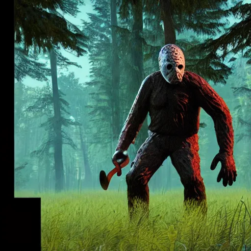 Prompt: jason voorhees fighting bigfoot in the forest, landscape, unreal engine art, hyper realistic