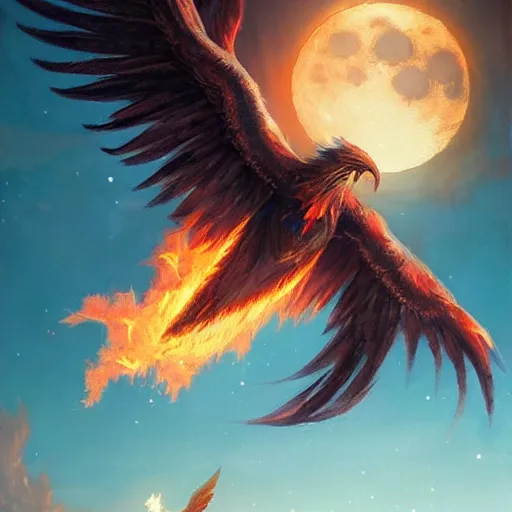 Image similar to phoenix flying in front of the moon, glowing light, fire, oil painting by greg rutkowski, 8 k