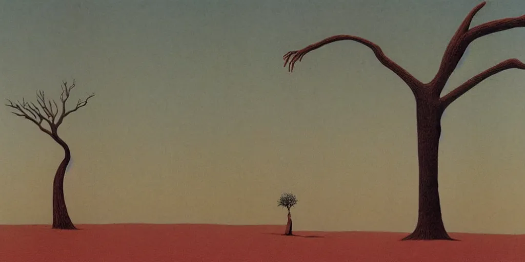 Image similar to dry desert with a tree in the shape of a slender women in the style of Zdzisław Beksiński