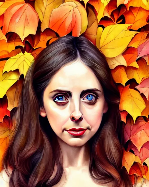 Prompt: gorgeous young Alison Brie, realistic character concept, full body pose, autumn leaves, orange yellow, shorter neck, illustration, symmetrical face and body, realistic eyes, cinematic lighting, detailed realistic symmetrical eyes, artgerm, Joshua Middleton, single face, insanely detailed and intricate, beautiful