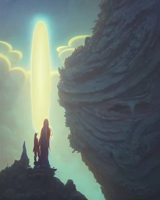 Image similar to highly detailed surreal vfx portrait of a sacred portal into a black hole of dreams, stephen bliss, unreal engine, greg rutkowski, loish, rhads, beeple, makoto shinkai and lois van baarle, ilya kuvshinov, rossdraws, tom bagshaw, alphonse mucha, global illumination, detailed and intricate environment