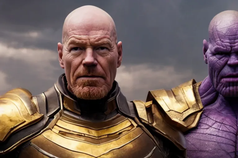 Prompt: promotional image of bald Bryan Cranston as Thanos in Avengers: Endgame (2019), purple skin color, golden plate armor, stern expression, movie still frame, promotional image, imax 70 mm footage