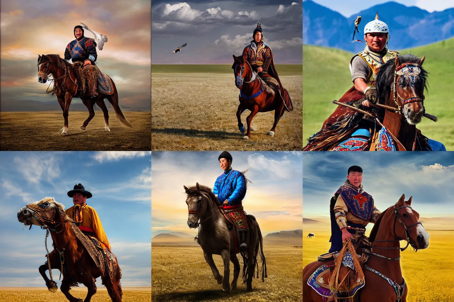 Prompt: the strongest kazakh man riding on a horse, high definition, photorealistic, eagle in the background, steppe enviroment