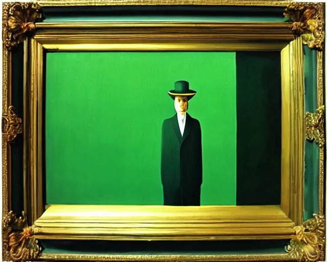 Prompt: green painting by Magritte. Pressed with gold leaf. shiny golden accents