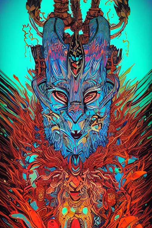 Image similar to totem animal tribal chaman vodoo mask feather gemstone plant wood rock video game illustration vivid color borderlands by josan gonzales and dan mumford radiating a glowing aura