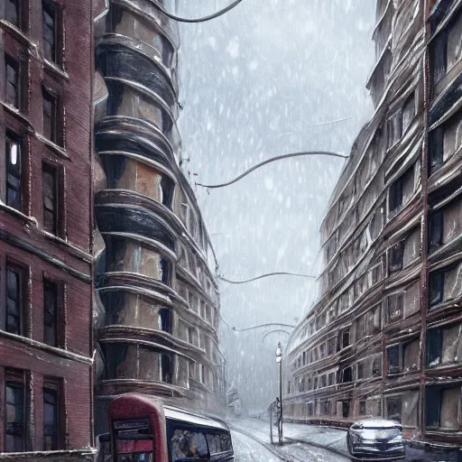 Prompt: a storybook illustration of a multistory bus in winter london road, intricate, elegant, fantasy, highly detailed, digital painting, concept art, sharp focus, artstation