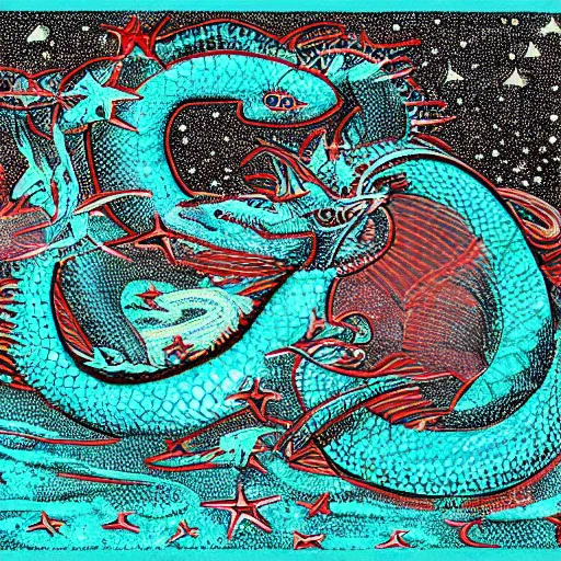 Image similar to anaglyph filter, underwater photography meticulous by tove jansson. a art installation of a dragon in space. the dragon is in the foreground with its mouth open rows of sharp teeth. coiled & ready to strike, its tail is wrapped around a star in the background. background is full of stars & galaxies.