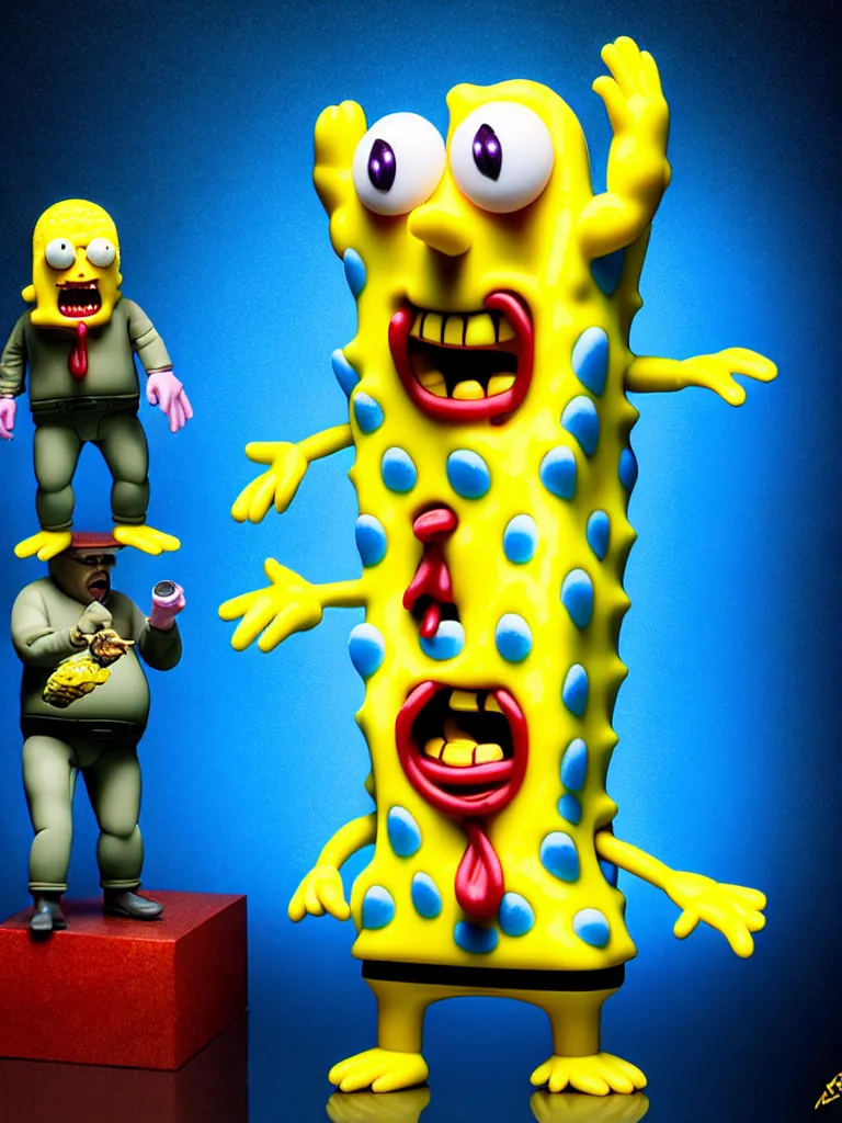 Image similar to hyperrealistic rendering, fat smooth john carpenter flesh monster spongebob by art of skinner and richard corben and jeff easley, product photography, action figure, sofubi, studio lighting, colored gels, colored background