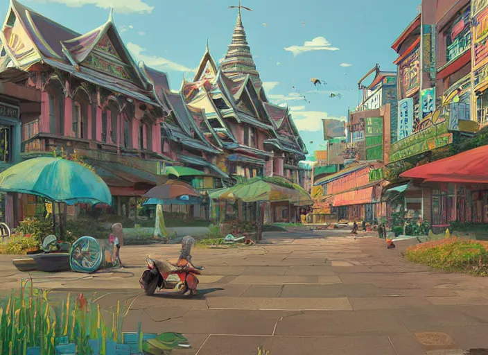 Image similar to bangkok townsquare, deserted, summer morning, very coherent and colorful high contrast, art by gediminas pranckevicius, geof darrow, makoto shinkai, dark shadows, hard lighting