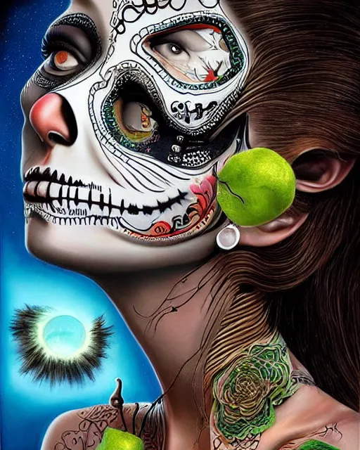 Image similar to dia de los muertos theme surrealist art in the styles of igor morski, jim warren, and a tim burton film, intricate, hyperrealistic, accurate facial details, profile picture with chromakey!!!!! background, volumetric lighting