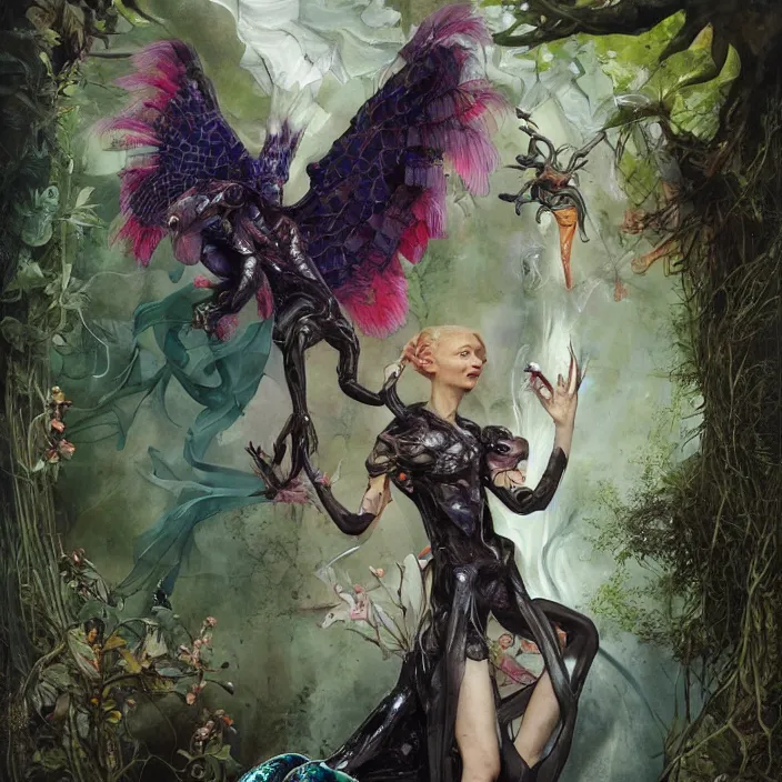 Prompt: a fashion editorial of cate blanchet as a brightly colored harpy amphibian hybrid with wet translucent skin. wearing an black growing organic exosuit. by tom bagshaw, donato giancola, hans holbein, walton ford, gaston bussiere and peter mohrbacher. 8 k, cgsociety