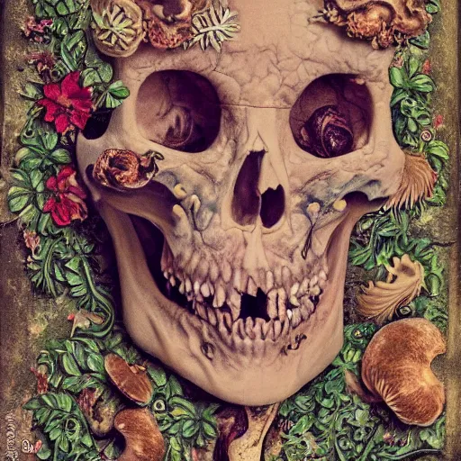 Image similar to a beautiful detailed front view baroque portrait of a rotten woman corpse becoming almost a skull with fractal plants and fractal flowers and mushrooms growing around, intricate, ornate, volumetric light, beautiful lit, polaroid photography