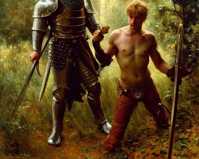 Prompt: attractive arthur pendragon shirtless but wearing pants with his attractive knight. the knight is also wearing pants. they are hiding in a forest. highly detailed painting by gaston bussiere, craig mullins, j. c. leyendecker