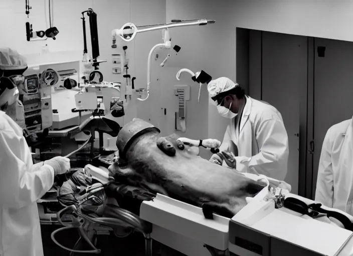 Image similar to an underexposed Fujifilm 500 photograph of a chimera in a surgical laboratory