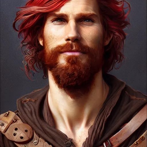 Image similar to portrait of a young ruggedly handsome but joyful pirate, male, masculine, upper body, crimson hair, long hair, d & d, fantasy, smirk, intricate, elegant, highly detailed, digital painting, artstation, concept art, matte, sharp focus, illustration, art by artgerm and greg rutkowski and alphonse mucha