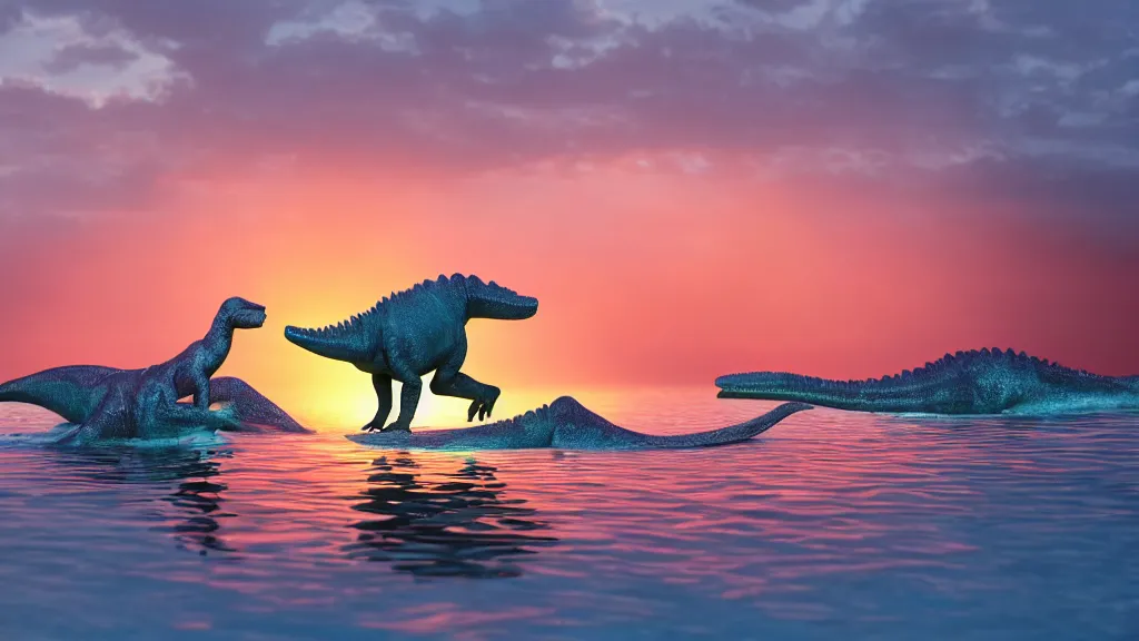 Image similar to a dinosaur swimming in lake barbies city, sunset lighting, rim light, hyper realistic, 1 0 5 mm, cinematic frame