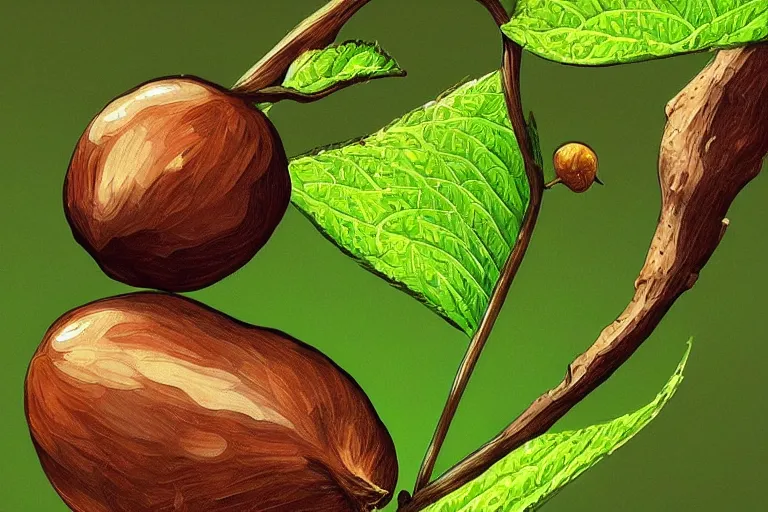 Image similar to a hazelnut with green leaf, macro, fantasy, sharp focus, intricate, elegant, digital painting, artstation, matte, highly detailed, concept art, illustration, ambient lighting, art by Ilya Kuvshinov