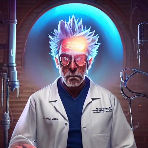 Prompt: portrait of older rick sanchez, lab coat and tee shirt, lens flare, atmosphere, glow, detailed, intricate, full of colour, cinematic lighting, trending on artstation, 4 k, hyperrealistic, focused, extreme details, unreal engine 5, cinematic, masterpiece