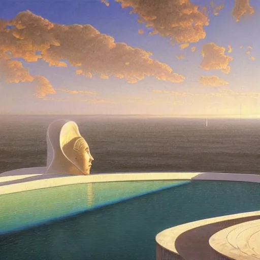 Image similar to David Ligare, scifi landscape, hyperrealistic surrealism, award winning masterpiece with incredible details, epic stunning, infinity pool, a surreal vaporwave liminal space, highly detailed, trending on ArtStation, artgerm and greg rutkowski and alphonse mucha, daily deviation, IAMAG, broken giant marble head statue ruins, golden hour