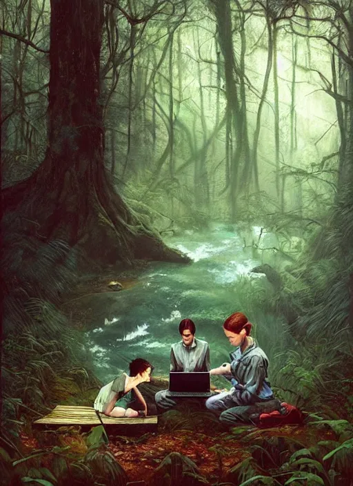 Prompt: computer in the woods by a stream, river gorgeous lighting, lush forest foliage blue sky a hyper realistic painting by chiara bautista and beksinski and norman rockwell and greg rutkowski, tom bagshaw weta studio, and lucasfilm