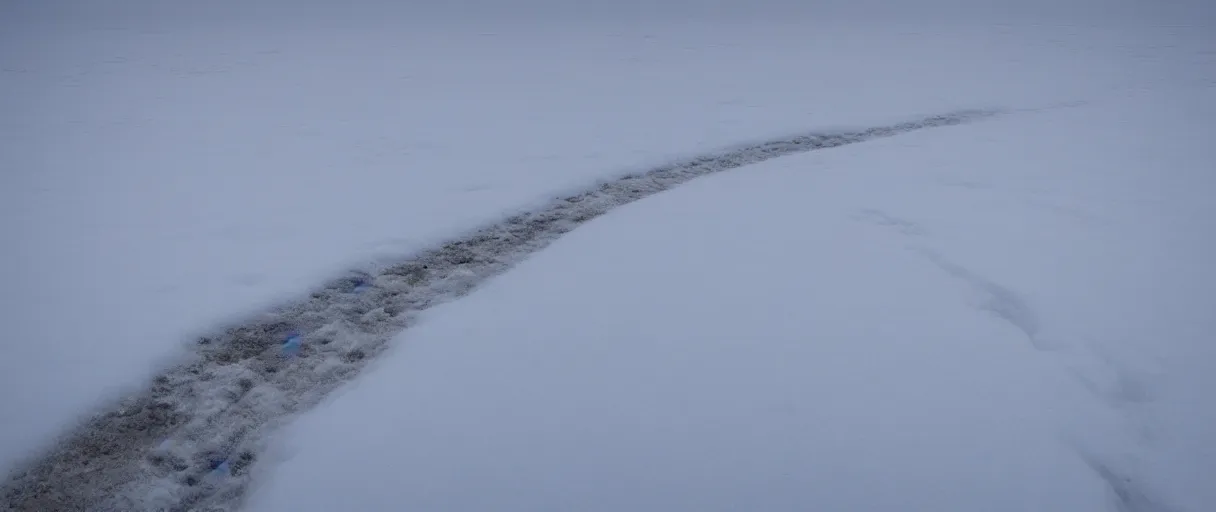 Prompt: a high quality color creepy atmospheric wide shot hd 4 k film 3 5 mm photograph of very heavy blizzard in desolate antarctica with a single trail of footsteps in the snow