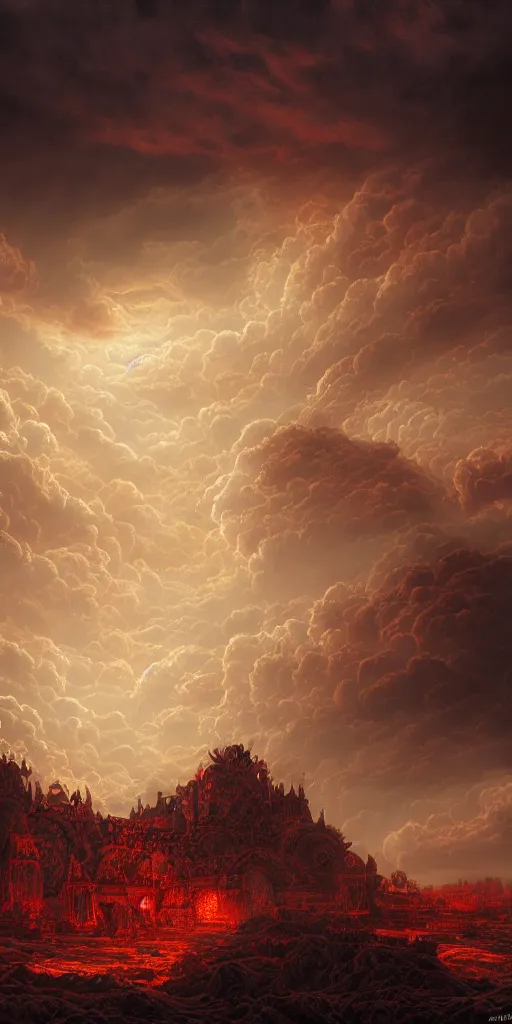 Prompt: ominous red cumulonimbus clouds, dusk, in style of Doom, insanely detailed and intricate, golden ratio, elegant, ornate, unfathomable horror, elite, ominous, haunting, matte painting, cinematic, cgsociety, Andreas Marschall, James jean, Noah Bradley, Darius Zawadzki, vivid and vibrant