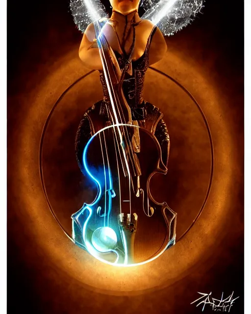 Prompt: a extremely detailed masterpiece of a violin singer in a steampunk, laser symmetric lights and ice, opening a portal into another dimension, in the style of aleksi briclot, glowing light and shadow, hyperrealist, 8 k